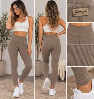 YoungLA High-Waisted Ribbed Leggings — Taupe/MEDIUM